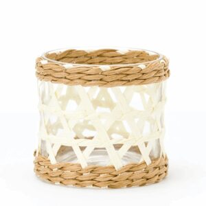 Small white woven hurricane lantern.