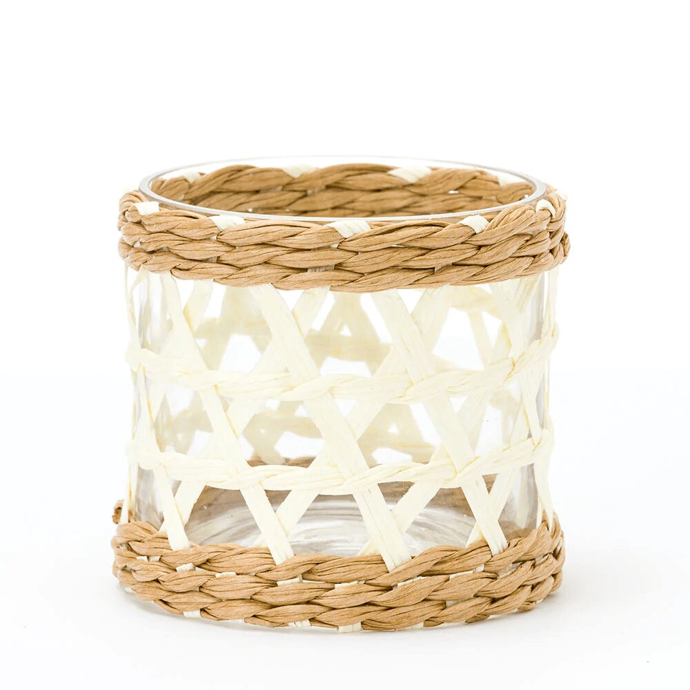 Small white woven hurricane lantern.