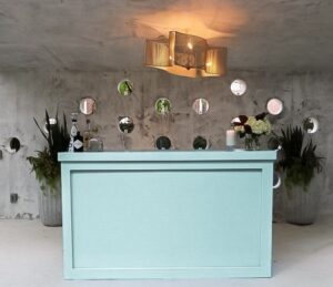 Sky blue portable bar setup.