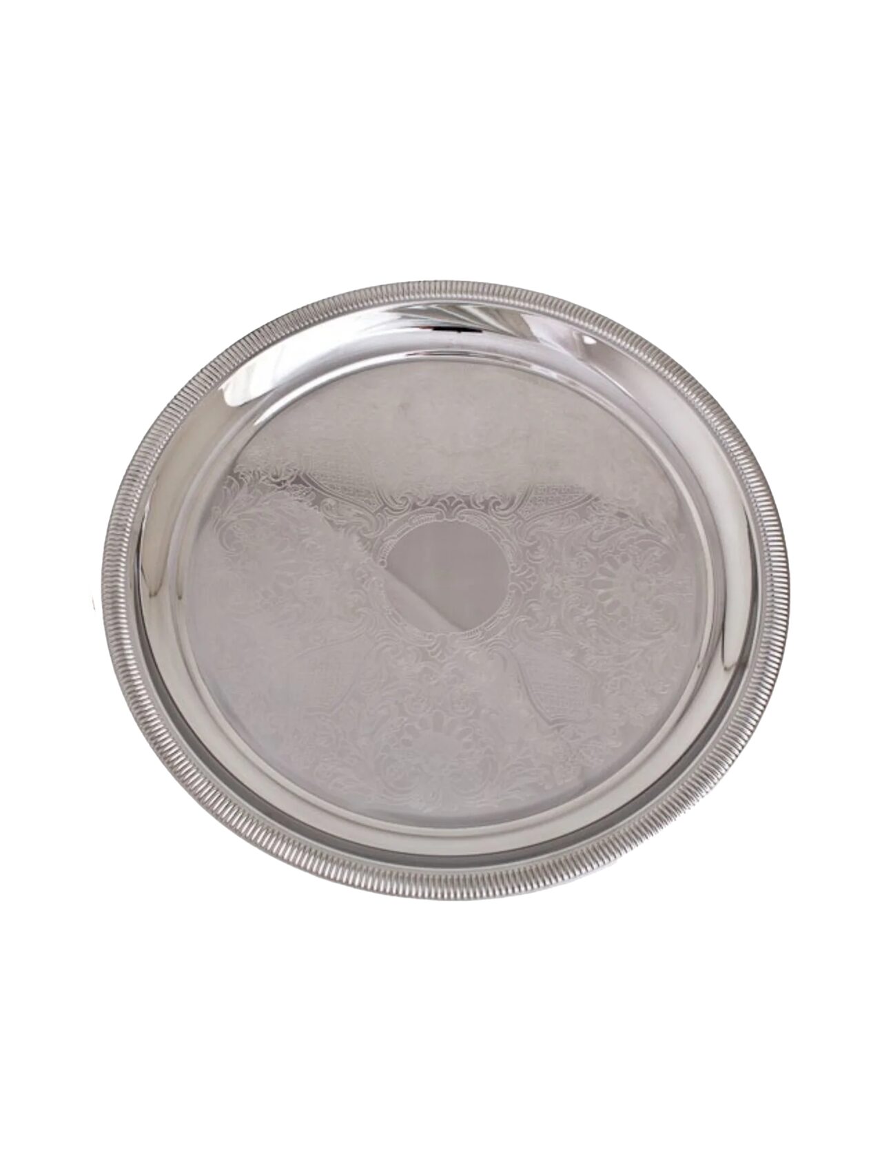 Stainless steel round tray for serving.