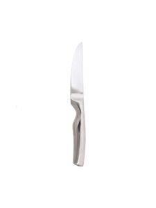 Serrated steak knife with black ergonomic handle.