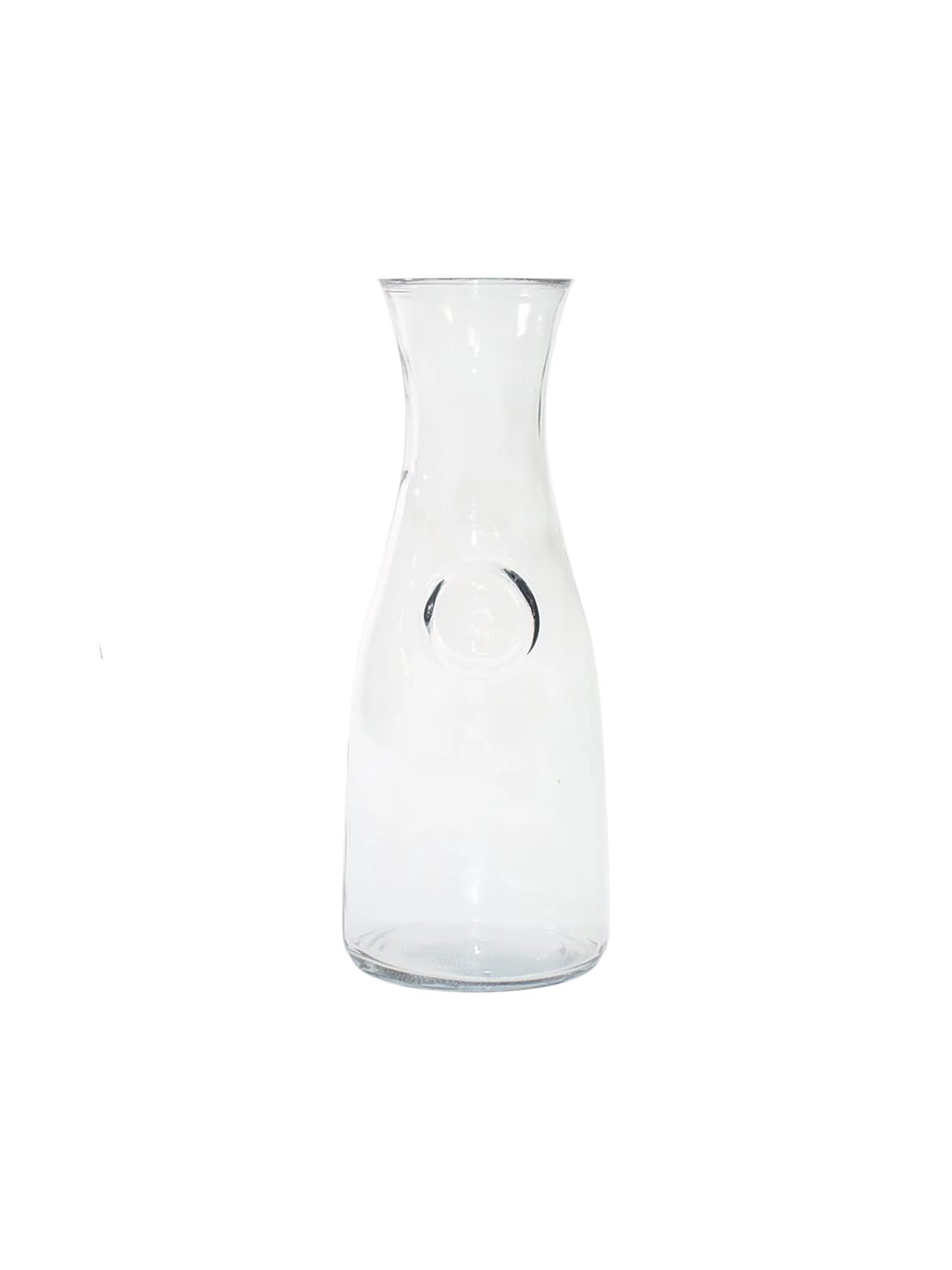 Glass carafe for water, wine, or juice service.