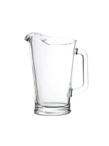 Clear glass water pitcher with spout and handle.
