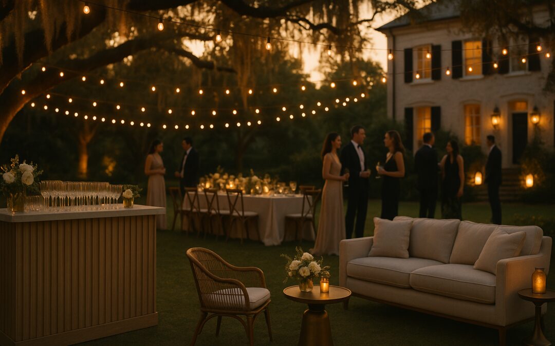 A beautiful classy party in Charleston. Outdoors, soft lighting during golden hour, lots of pretty rentals.