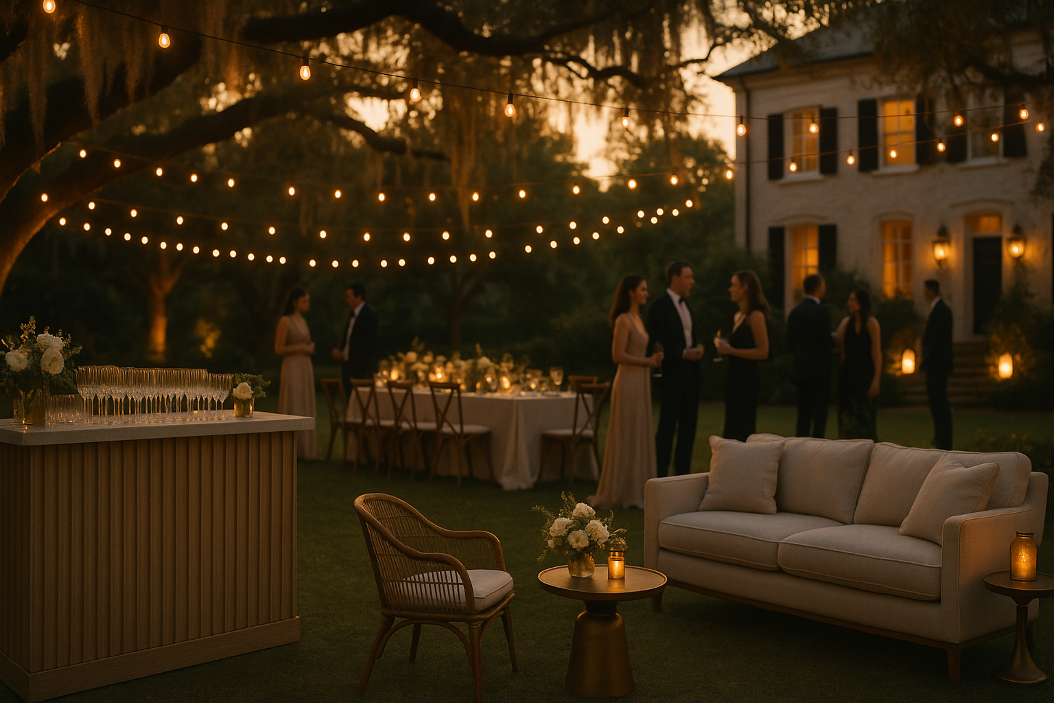 A beautiful classy party in Charleston. Outdoors, soft lighting during golden hour, lots of pretty rentals.